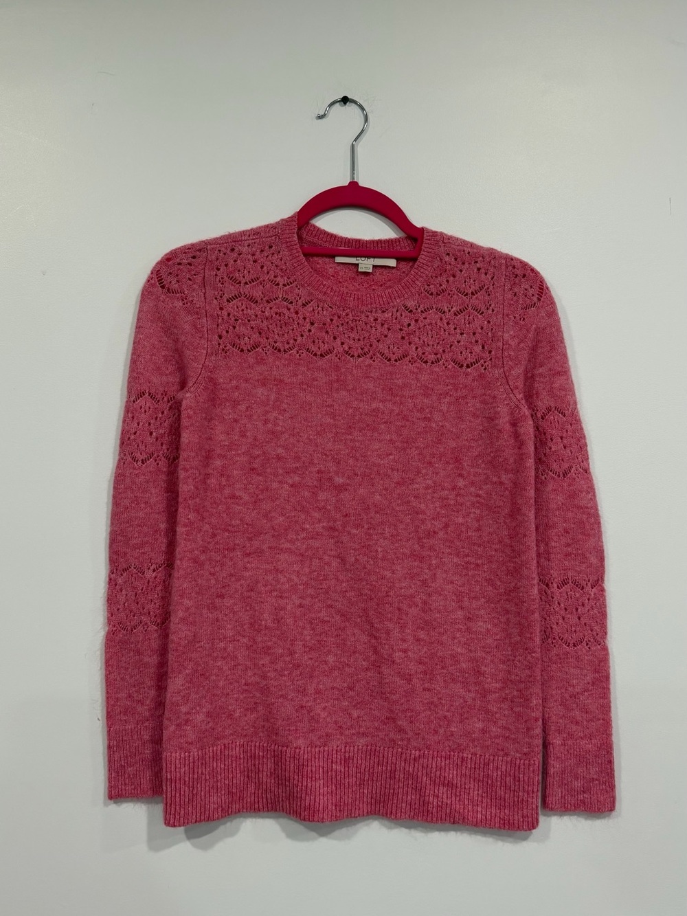 Cozy Pink Knit Sweater with Lace Yoke